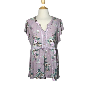 TORRID Women Plus 1X Lavendar‎ Floral Short Sleeve Baby Doll Tunic Top Feminine